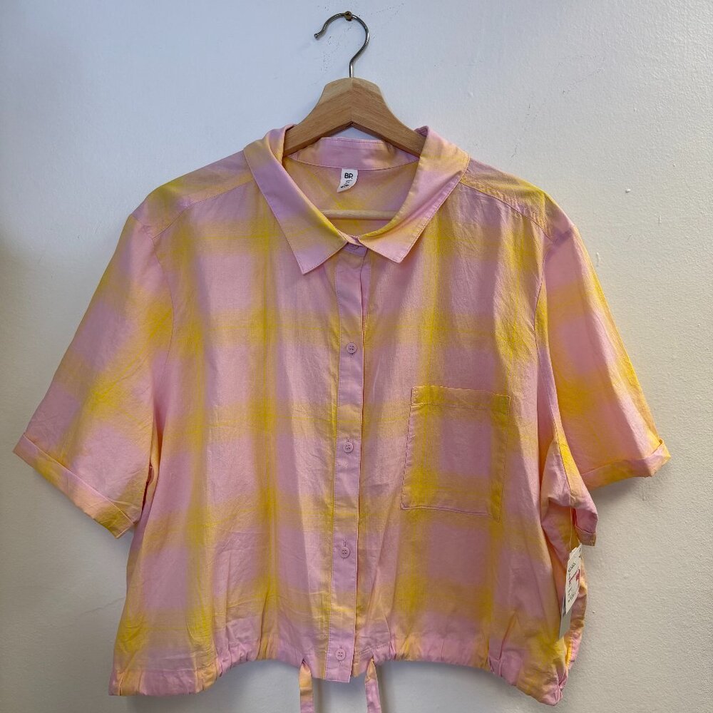 NWT BP 100% Cotton Windowpane Plaid Cottagecore Prairie Peasant Crop Shirt Sz 2X